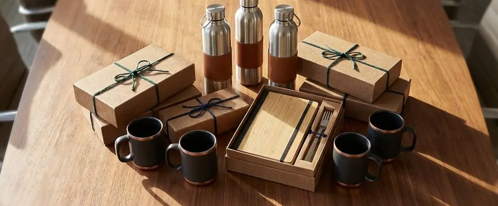Luxe zakelijke cadeaus op houten vergadertafel: roestvrijstalen waterflessen, koffiemokken en duurzame geschenkdozen