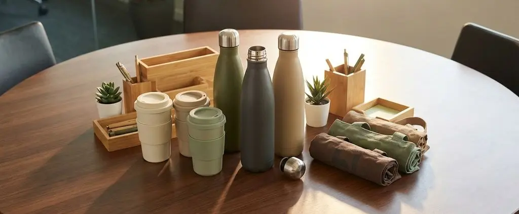 Elegante houten vergadertafel met duurzame relatiegeschenken: stalen waterflessen, koffiemokken en bamboe accessoires