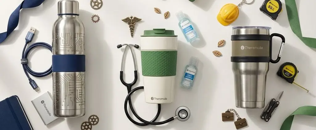 Professionele bedrijfscadeaus op witte achtergrond: stalen waterfles, thermische mok en drinkware met industriële accenten