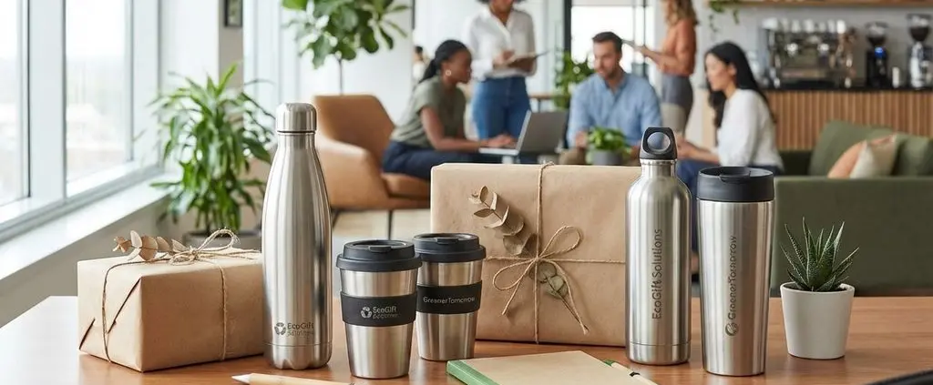 Duurzame bedrijfscadeaus op bureau: roestvrijstalen waterflessen en koffiemokken in eco-vriendelijke verpakking