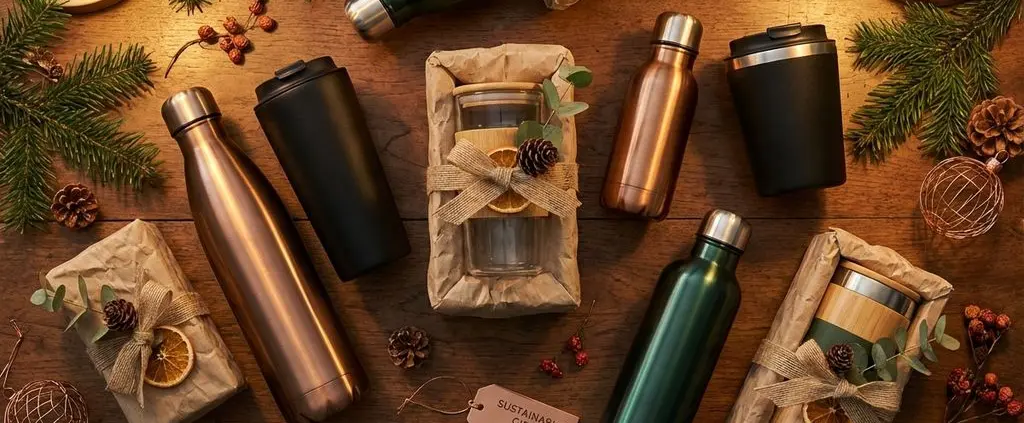 Houten bureau met luxe zakelijke kerstcadeaus: roestvrijstalen waterflessen, thermosbekers en duurzame drinkware met eco-vriendelijke verpakking