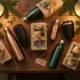 Houten bureau met luxe zakelijke kerstcadeaus: roestvrijstalen waterflessen, thermosbekers en duurzame drinkware met eco-vriendelijke verpakking