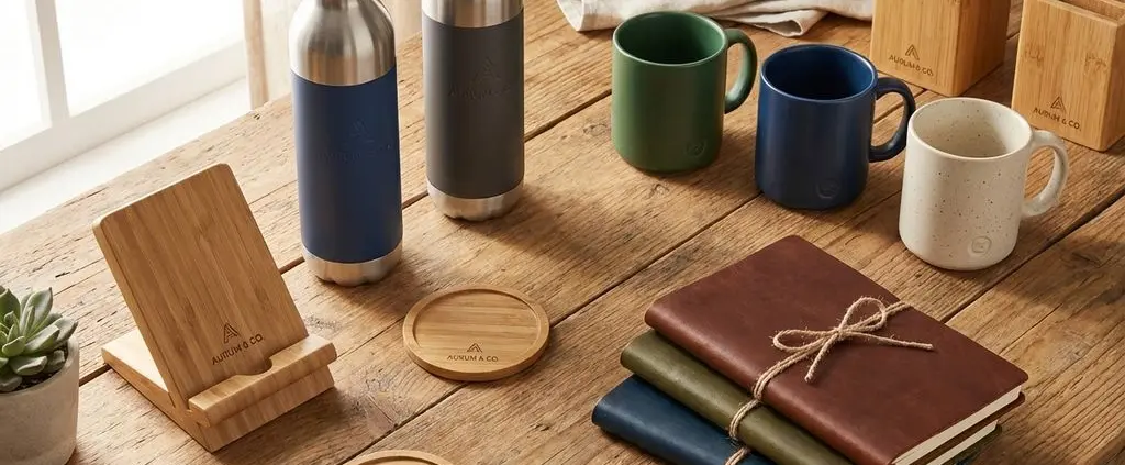 Houten bureau met luxe relatiegeschenken: waterflessen, mokken, notitieboeken en bamboe items met logo's