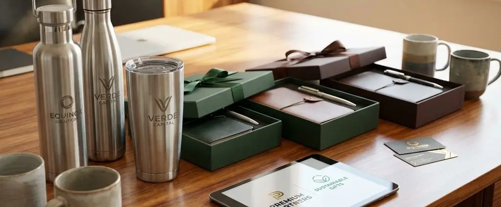 Premium zakelijke cadeaus op houten bureau: gegraveerde waterflessen, thermische mokken en geschenkdozen met linten