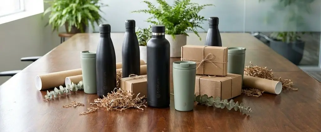 Houten vergadertafel met luxe relatiegeschenken: roestvrijstalen waterflessen, thermobekers en eco-vriendelijke verpakking