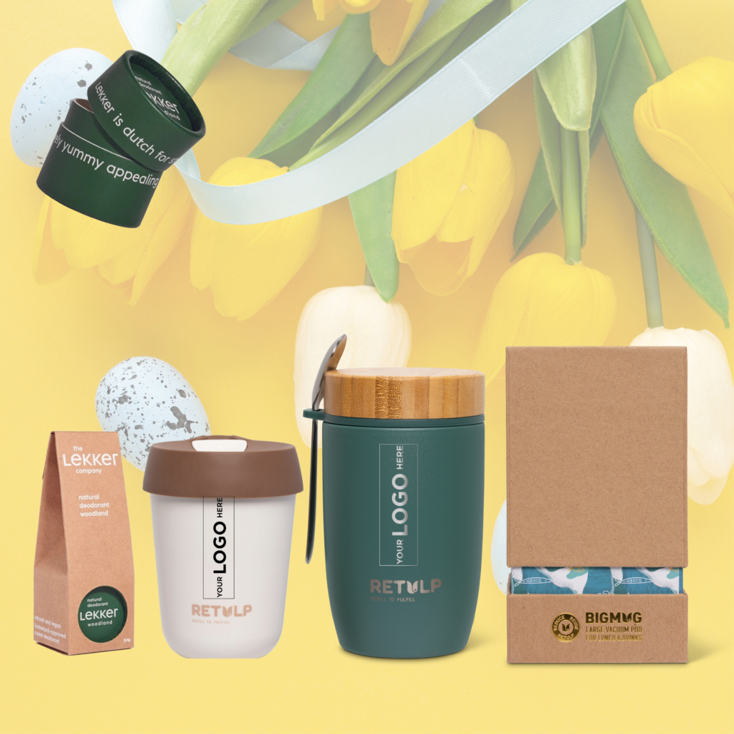 April essential pakket met big mug foodpod, travelcup en woodland lekker company deodorant