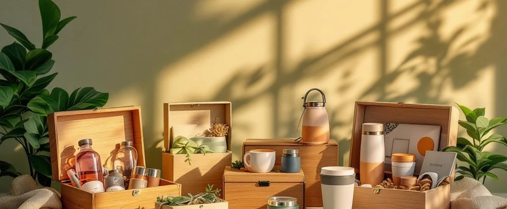 Diverse zakelijke cadeausets met duurzame drinkflessen en bekers, gepresenteerd in elegante verpakkingen op moderne ondergrond