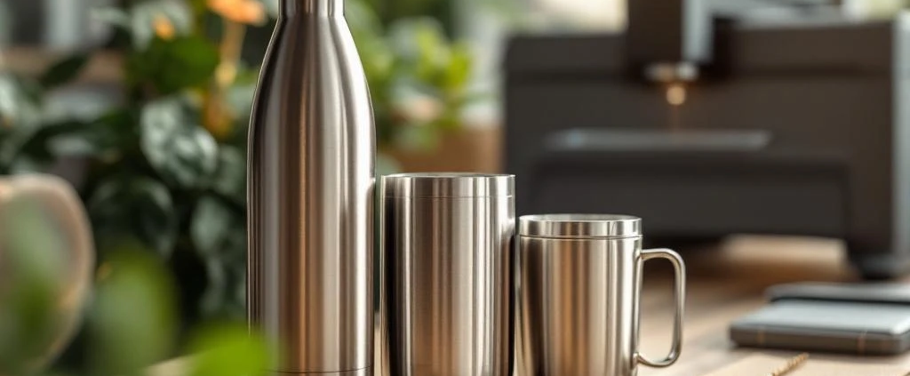 Luxe bedrijfscadeaus op houten bureau: RVS waterflessen, mokken en duurzame producten met geëmbosseerde logo's