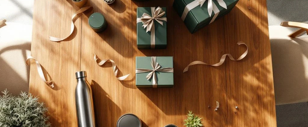 Houten vergadertafel met duurzame bedrijfscadeaus: stalen waterflessen, mokken en eco-vriendelijke geschenkdozen