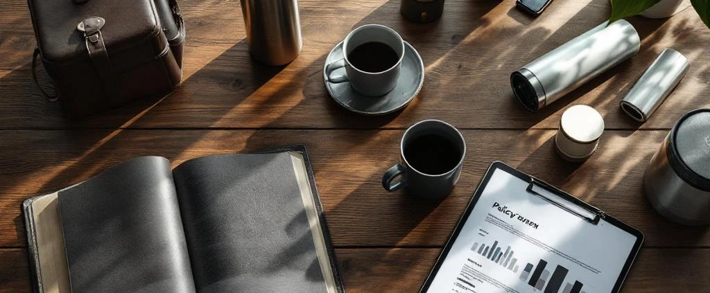 Houten vergadertafel met bedrijfscadeaus: thermosfles, mokken en kantooraccessoires naast tablet met grafieken