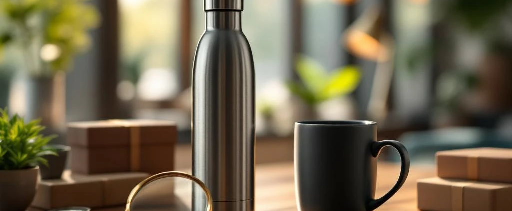 Luxe bedrijfscadeaus op houten bureau: gegraveerde waterflessen, koffiemokken en eco-vriendelijke geschenkdozen in kantoor