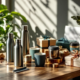 Premium zakelijke geschenken op houten bureau: herbruikbare waterflessen, thermosbekers en eco-vriendelijke geschenkdozen
