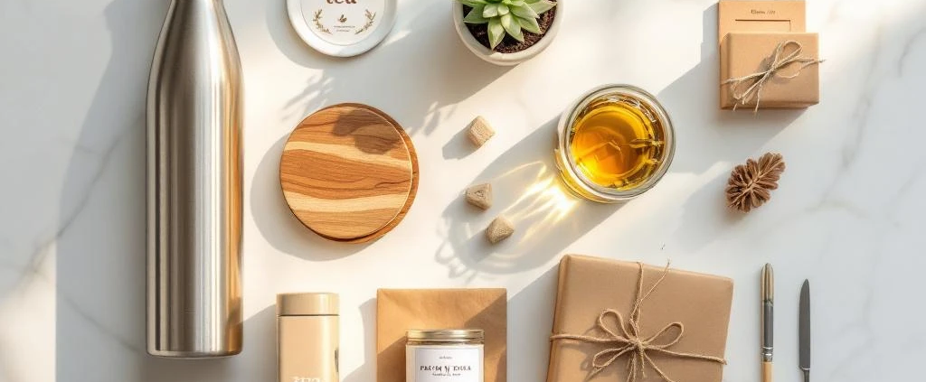 Betaalbare cadeaus onder €20 op marmeren ondergrond: waterfles, houten onderzetters, thee, plantje en ingepakte geschenken