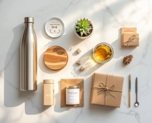 Betaalbare cadeaus onder €20 op marmeren ondergrond: waterfles, houten onderzetters, thee, plantje en ingepakte geschenken