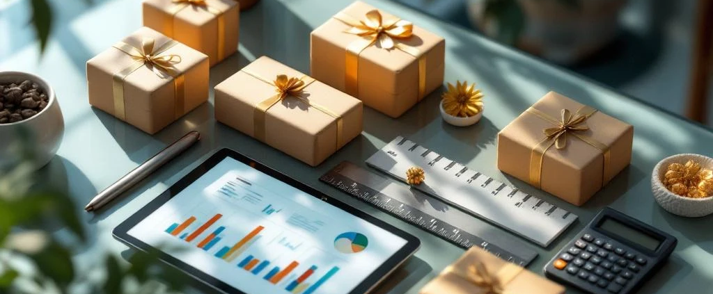 Glazen bureau met digitale tablet met analytics, rekenmachine, liniaal en duurzame cadeaudozen in natuurlijke kleuren