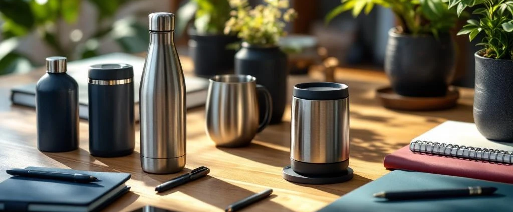 Duurzame bedrijfscadeaus op houten bureau: roestvrijstalen waterflessen, thermische mokken en eco-bureauaccessoires
