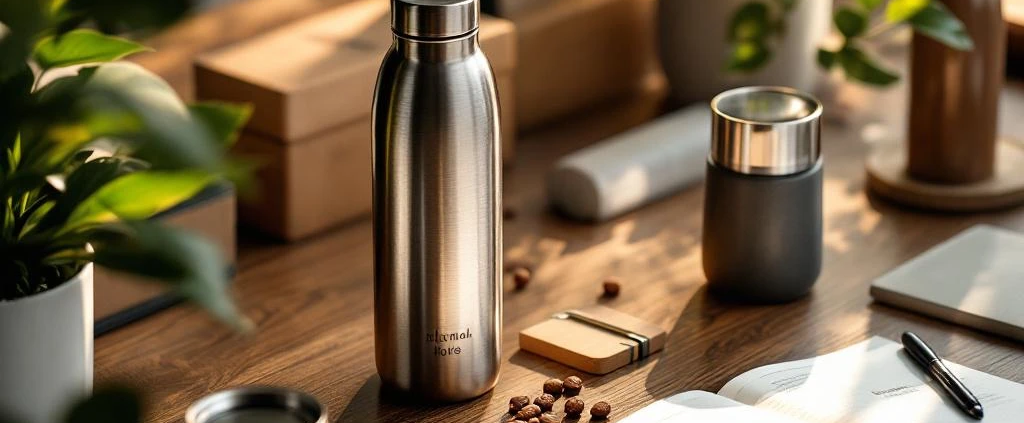 Houten bureau met duurzame relatiegeschenken: roestvrijstalen waterflessen, thermische koffiemokken en eco-verpakking