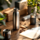 Houten bureau met duurzame relatiegeschenken: roestvrijstalen waterflessen, thermische koffiemokken en eco-verpakking