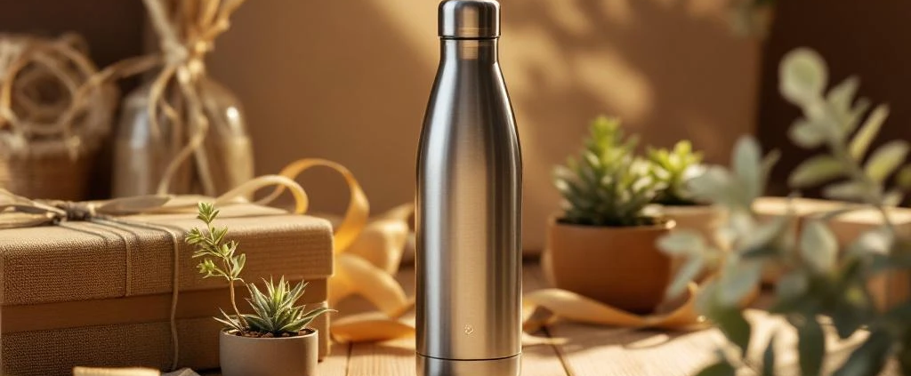 Herbruikbare roestvrijstalen waterfles op houten tafel met milieuvriendelijke verpakking en plantjes voor duurzame cadeaus