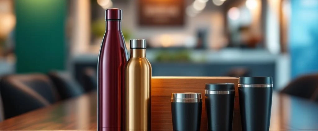 Duurzame relatiegeschenken op vergadertafel: RVS waterflessen en thermische koffiemokken met gravering op beurstand