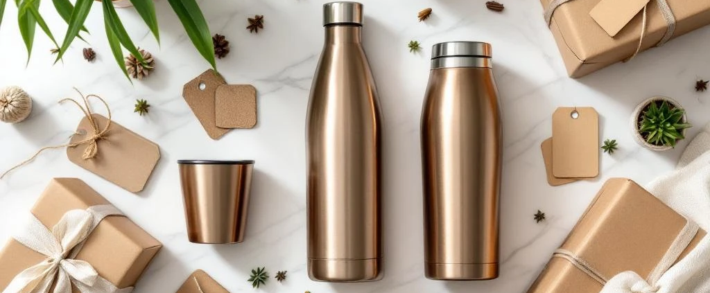 Duurzame relatiegeschenken met RVS waterflessen en koffiemokken op marmeren ondergrond met bamboe accessoires