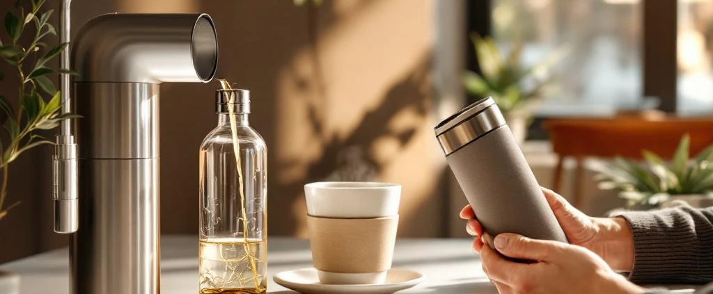 Duurzame zakelijke relatiegeschenken in gebruik: herbruikbare drinkflessen en koffiebeker in moderne kantooromgeving