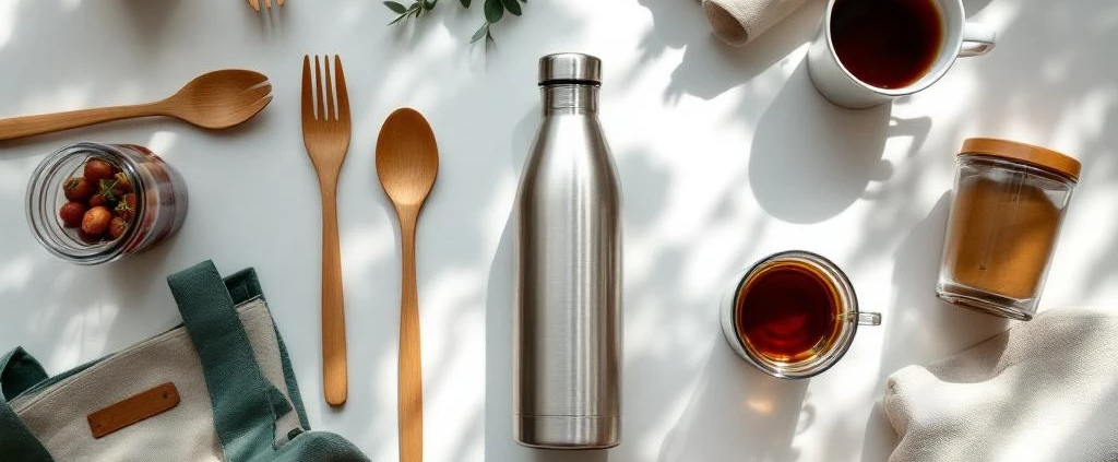 Herbruikbare cadeaus bovenaanzicht: roestvrijstalen waterfles, bamboe bestek, katoenen tassen en glazen containers