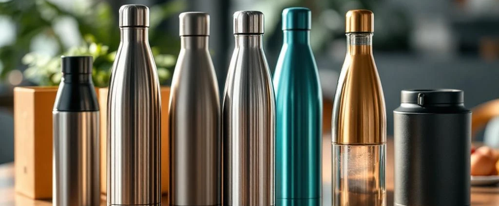 Herbruikbare waterflessen van roestvrij staal en glas op houten tafel met geschenkdoos op achtergrond