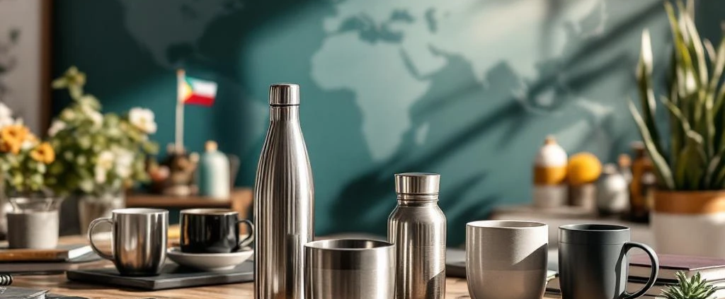 Houten bureau met internationale bedrijfscadeaus: roestvrijstalen waterflessen, koffiemokken en duurzame drinkbekers