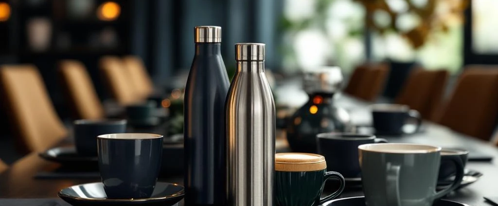 Luxe duurzame waterflessen en koffiemokken als zakelijke geschenken op donkere houten vergadertafel in modern kantoor