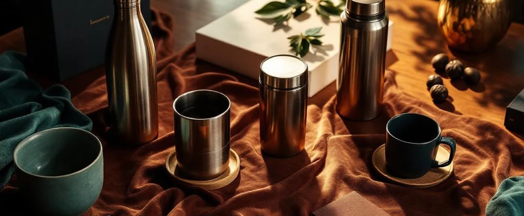 Luxe bedrijfsgeschenken op mahoniehout bureau: roestvrijstalen waterflessen en thermische koffiebekers op fluweel