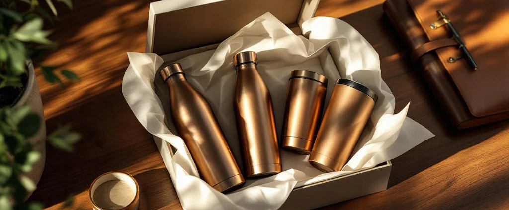 Luxe cadeauset met duurzame waterflessen en thermobekers in aardtinten op houten bureau voor zakelijke geschenken