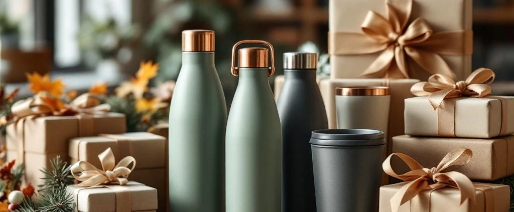 Hoogwaardige duurzame bedrijfscadeaus met herbruikbare flessen en thermosbekers op houten bureau met natuurlijk licht