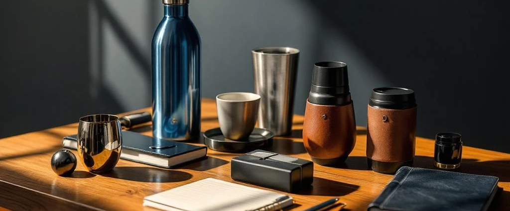 Luxe zakelijke relatiegeschenken op houten tafel: roestvrijstalen waterfles, koffiebeker, leren notitieboek en bureauaccessoires