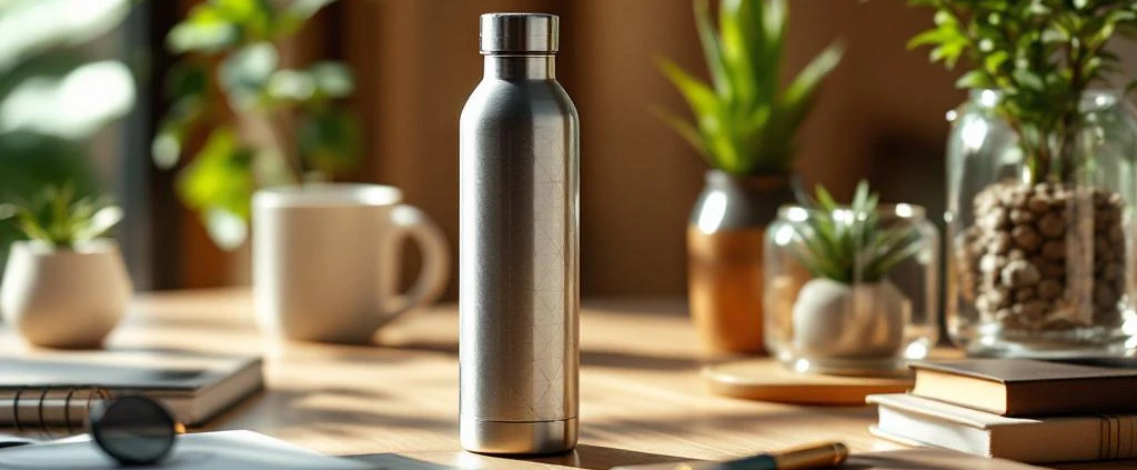 Stalen waterfles met geometrische patronen omringd door duurzame zakelijke cadeaus op houten bureau, 2025 trends