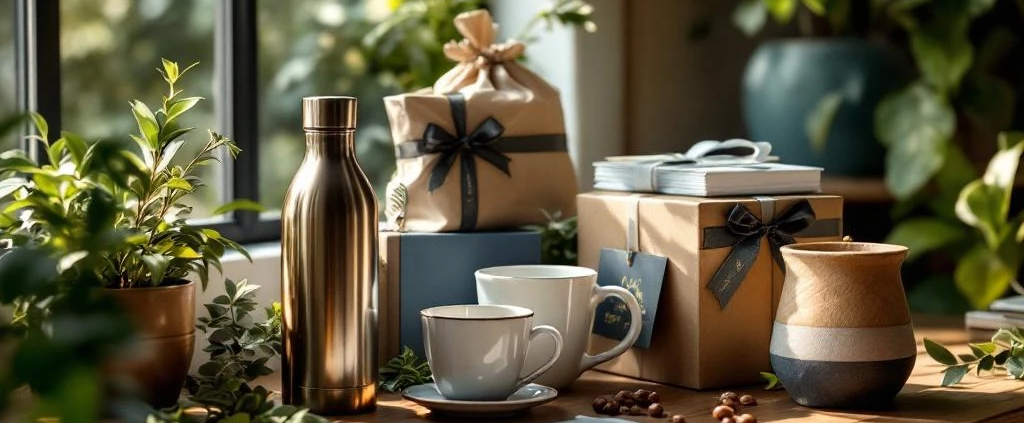 Premium zakelijke cadeaus op houten bureau: RVS waterflessen, keramische mokken en duurzame geschenkdozen in kantoor
