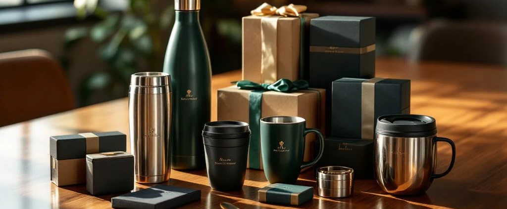 Elegante zakelijke relatiegeschenken op houten vergadertafel: gegraveerde waterflessen, thermosbekers en luxe drinkware