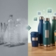 Split-screen vergelijking van traditionele plastic bedrijfsgeschenken links versus duurzame waterflessen en koffiemokken rechts