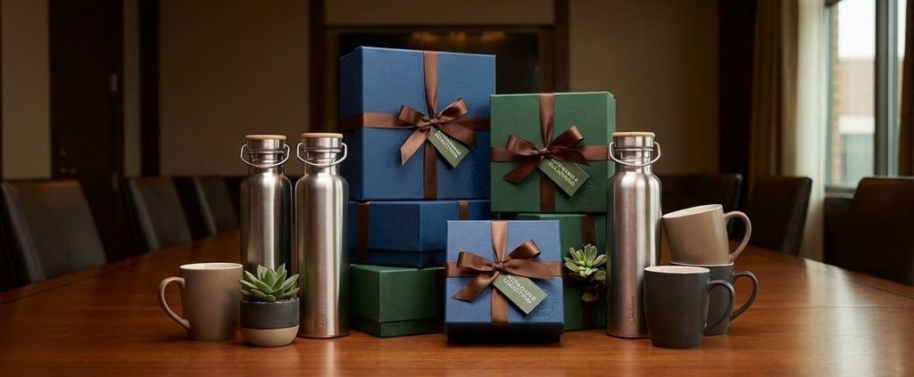 Duurzame relatiegeschenken met waterflessen en koffiemokken in luxe verpakking op houten conferentietafel