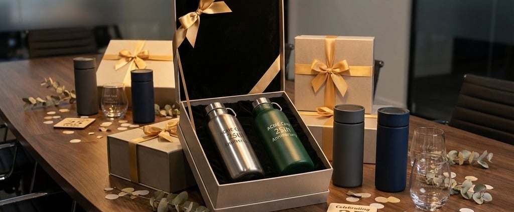 Luxe bedrijfscadeaus met duurzame waterflessen en thermosbekers in elegante geschenkdozen op houten conferentietafel