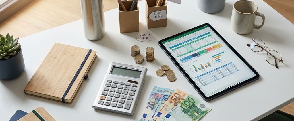 Moderne bureautafel met calculator, eurobankbiljetten en duurzame bedrijfscadeaus zoals bamboe notitieboeken en stalen flessen