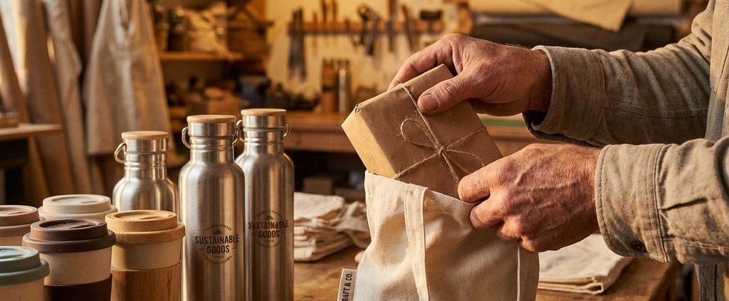 Ambachtelijke handen verpakken duurzame cadeaus met herbruikbare waterflessen en koffiemokken op houten tafel