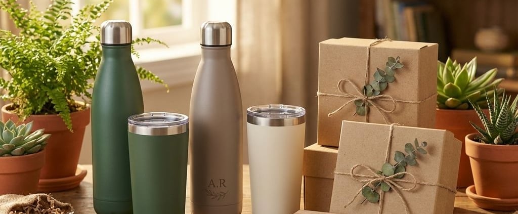 Duurzame cadeauartikelen met roestvrijstalen waterflessen en thermosbekers op houten oppervlak met natuurlijke verlichting