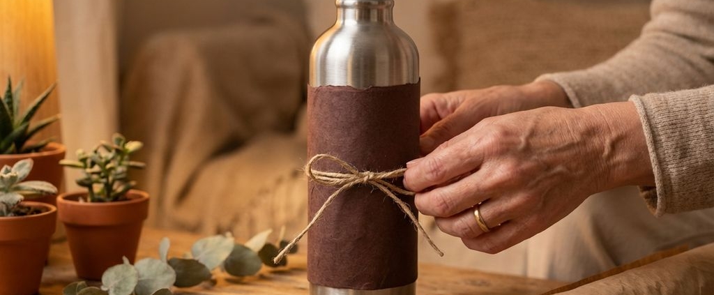Handen wikkelen premium roestvrijstalen waterfles in duurzame cadeauverpakking met henneptouw en planten