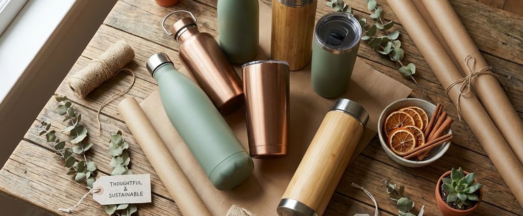 Duurzame waterflessen en thermosbekers in aardtinten op rustiek hout met eco-vriendelijke cadeauverpakking