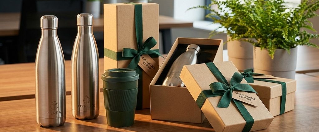 Duurzame waterflessen en koffiebekers met gravering op houten bureau met eco-vriendelijke geschenkdozen in kantooromgeving