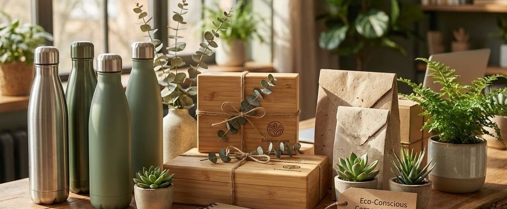 Duurzame zakelijke cadeaus op houten bureau: herbruikbare waterflessen, bamboe dozen en plantjes in natuurlijk licht