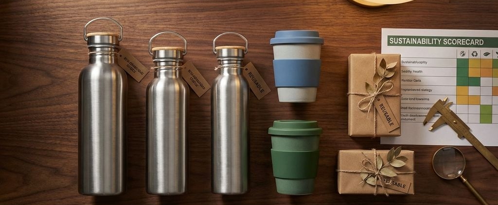 Duurzame zakelijke cadeaus op houten bureau: herbruikbare drinkflessen, koffiemokken en eco-vriendelijke geschenkdozen