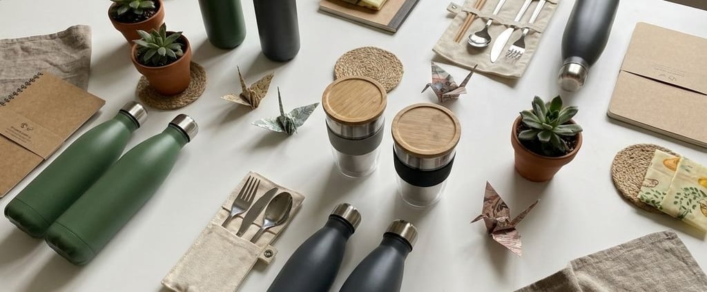 Duurzame relatiegeschenken van bovenaf gefotografeerd: herbruikbare waterflessen, koffiemokken en eco-producten op wit oppervlak