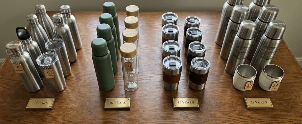 Luchtfoto van houten bureau met duurzame waterfles cadeaus gerangschikt per dienstjaren van 5 tot 25 jaar voor bedrijven